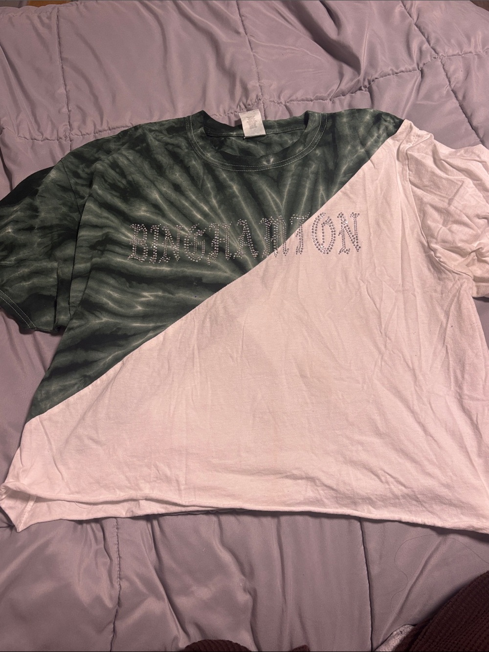 Diagonal Two-Tone Rhinestone Graphic Tee - Green & White Binghamton